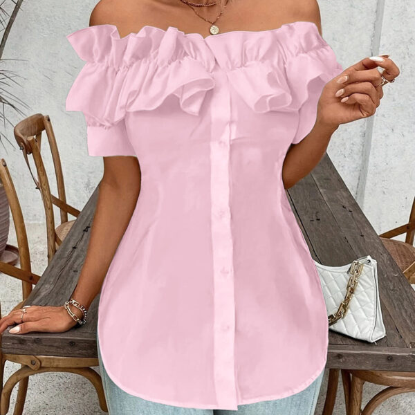 Women's Solid Color Off-Shoulder Ruffled Blouse - Waist Button-Down Shirt For Vacation & Daily Wear - Image 10