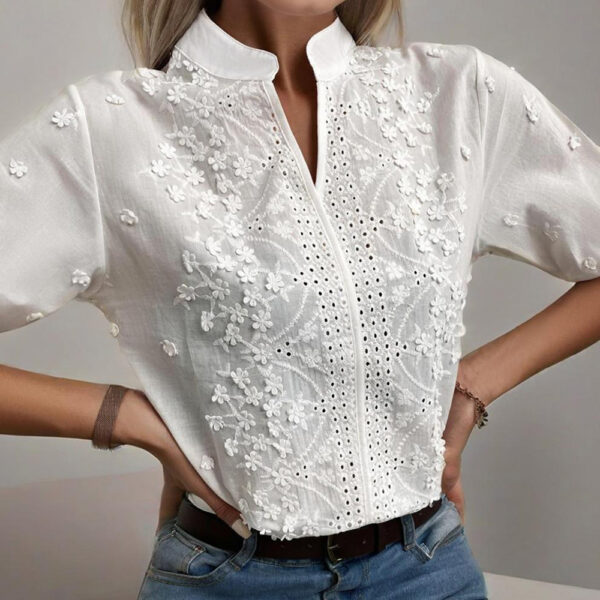 Women's V-Neck Embroidered Lace Short Sleeve Top - Pure White Sheer Mesh Lace Detail, Fashionable Casual Wear For Spring&Summer - Image 2