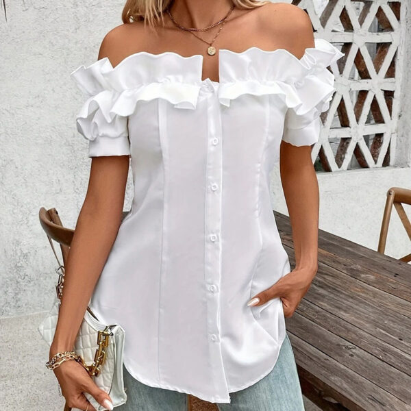 Women's Solid Color Off-Shoulder Ruffled Blouse - Waist Button-Down Shirt For Vacation & Daily Wear - Image 3