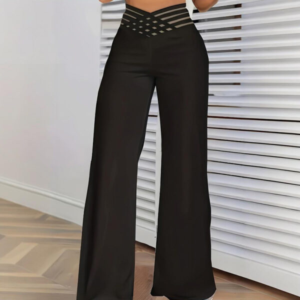 Women's Transparent Mesh Patchwork High Waist Pants With Elegant Cross Detail, Solid Color Fashion Trousers - Image 8