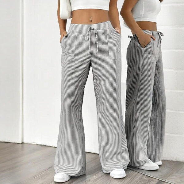 Women's Striped Print Straight Wide Leg Pants Drawstring Waist Slant Pockets Pants Casual Long Pants - Image 9