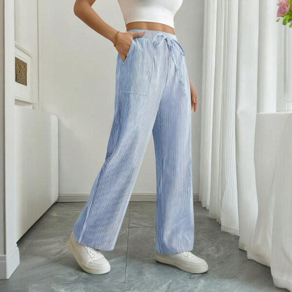 Women's Striped Print Straight Wide Leg Pants Drawstring Waist Slant Pockets Pants Casual Long Pants - Image 6