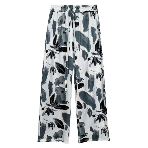 Ladies' Versatile Contrasting Printed Waist Strap Design, Loose Pleated Wide Leg Pants, Long Pants - Image 3