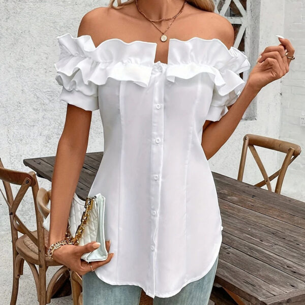 Women's Solid Color Off-Shoulder Ruffled Blouse - Waist Button-Down Shirt For Vacation & Daily Wear - Image 6