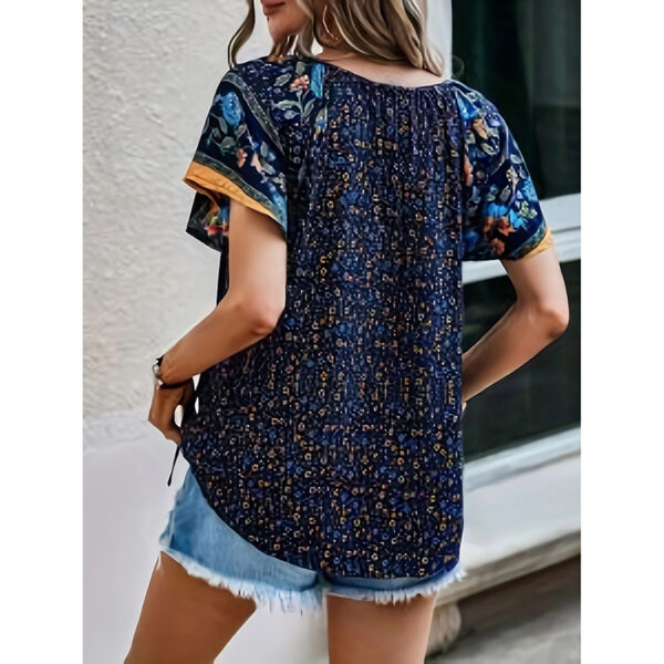 Women's Casual Short Sleeve Shirts Summer Boho Printed V Neck Drawstring Tunic Blouses - Image 6