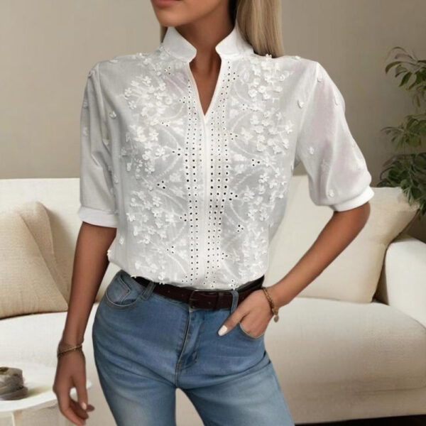 Women's V-Neck Embroidered Lace Short Sleeve Top - Pure White Sheer Mesh Lace Detail, Fashionable Casual Wear For Spring&Summer - Image 4