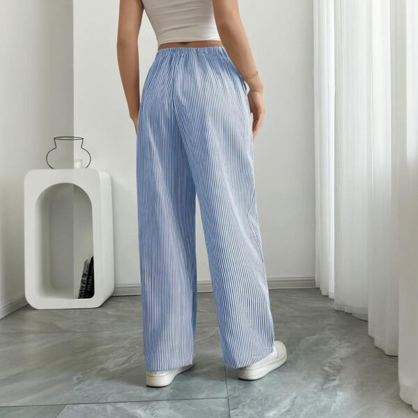 Women's Striped Print Straight Wide Leg Pants Drawstring Waist Slant Pockets Pants Casual Long Pants - Image 8