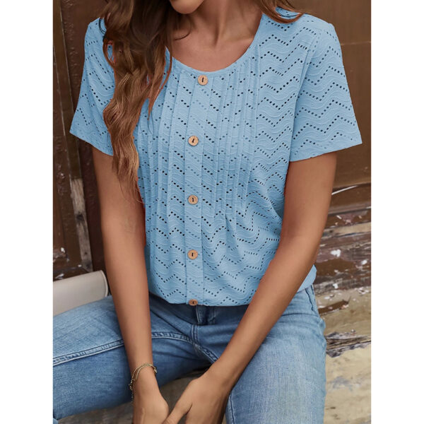 Women's Summer Pleated Button Short Sleeve T-Shirt Summer Crew Neck Solid Color Casual Top - Image 8