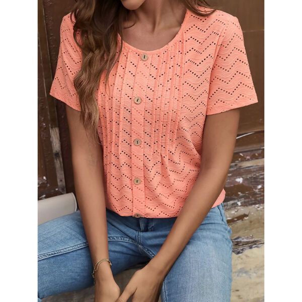 Women's Summer Pleated Button Short Sleeve T-Shirt Summer Crew Neck Solid Color Casual Top - Image 10