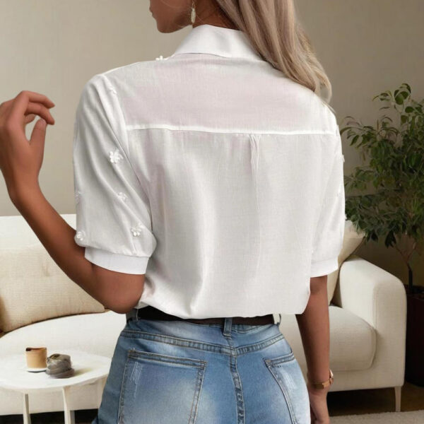 Women's V-Neck Embroidered Lace Short Sleeve Top - Pure White Sheer Mesh Lace Detail, Fashionable Casual Wear For Spring&Summer - Image 5