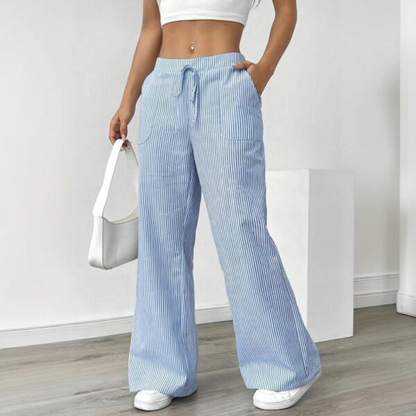 Women's Striped Print Straight Wide Leg Pants Drawstring Waist Slant Pockets Pants Casual Long Pants - Image 3