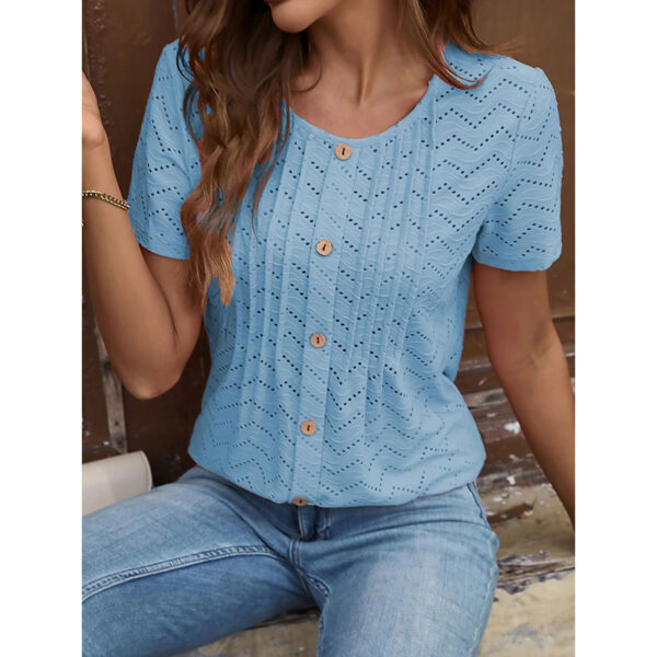 Women's Summer Pleated Button Short Sleeve T-Shirt Summer Crew Neck Solid Color Casual Top - Image 7
