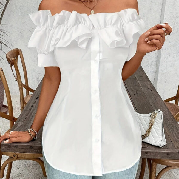 Women's Solid Color Off-Shoulder Ruffled Blouse - Waist Button-Down Shirt For Vacation & Daily Wear - Image 4