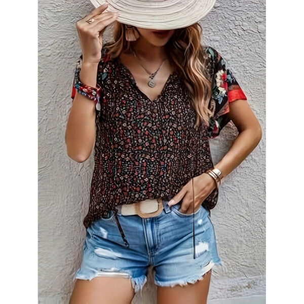 Women's Casual Short Sleeve Shirts Summer Boho Printed V Neck Drawstring Tunic Blouses - Image 7