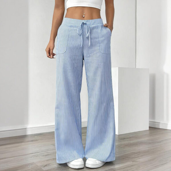 Women's Striped Print Straight Wide Leg Pants Drawstring Waist Slant Pockets Pants Casual Long Pants - Image 2