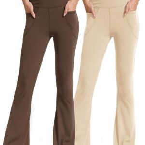 Flared Pants - Cropped Cross Waist Pockets Polyester Double Mill 2 Coffee Light Apricots