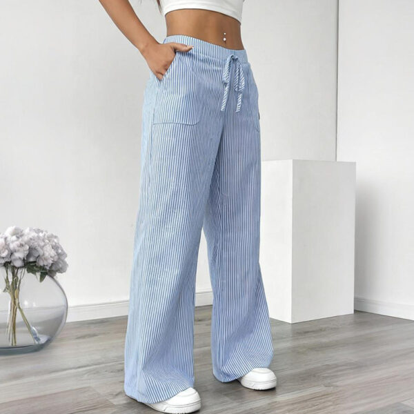 Women's Striped Print Straight Wide Leg Pants Drawstring Waist Slant Pockets Pants Casual Long Pants - Image 4