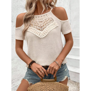 Womens Summer Cold Shoulder Tops Hollow Out Lace Crochet Short Sleeve Casual Blouse Top