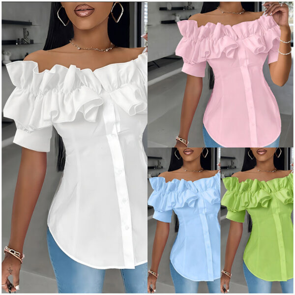Women's Solid Color Off-Shoulder Ruffled Blouse - Waist Button-Down Shirt For Vacation & Daily Wear - Image 7