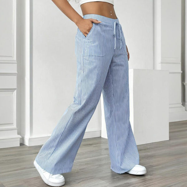 Women's Striped Print Straight Wide Leg Pants Drawstring Waist Slant Pockets Pants Casual Long Pants - Image 5