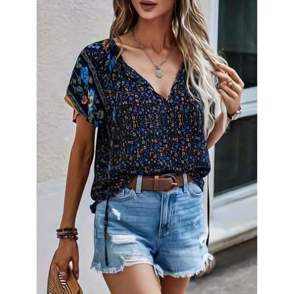 Women's Casual Short Sleeve Shirts Summer Boho Printed V Neck Drawstring Tunic Blouses - Image 4