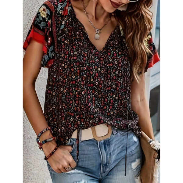 Women's Casual Short Sleeve Shirts Summer Boho Printed V Neck Drawstring Tunic Blouses - Image 10