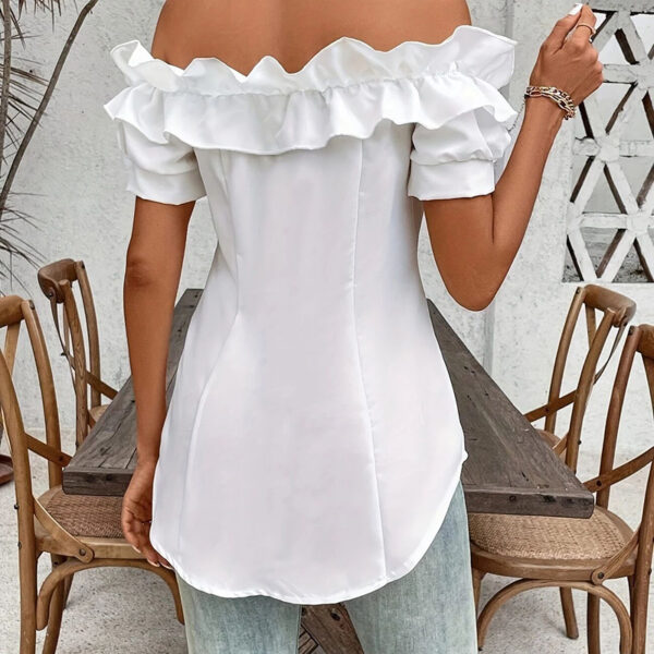 Women's Solid Color Off-Shoulder Ruffled Blouse - Waist Button-Down Shirt For Vacation & Daily Wear - Image 8