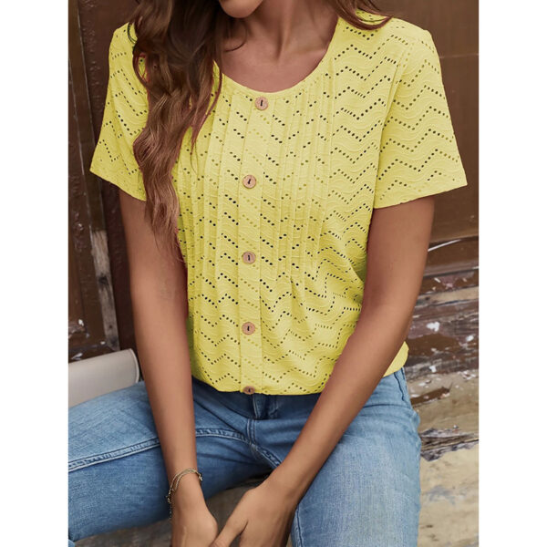 Women's Summer Pleated Button Short Sleeve T-Shirt Summer Crew Neck Solid Color Casual Top - Image 3