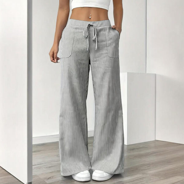 Women's Striped Print Straight Wide Leg Pants Drawstring Waist Slant Pockets Pants Casual Long Pants - Image 10