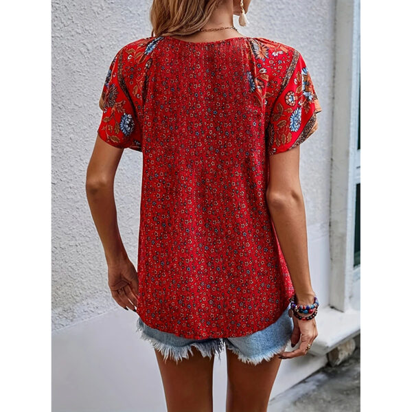 Women's Casual Short Sleeve Shirts Summer Boho Printed V Neck Drawstring Tunic Blouses - Image 3