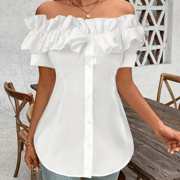 Women's Solid Color Off-Shoulder Ruffled Blouse - Waist Button-Down Shirt For Vacation & Daily Wear - Image 2
