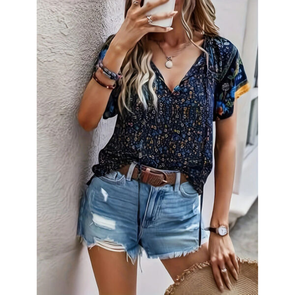 Women's Casual Short Sleeve Shirts Summer Boho Printed V Neck Drawstring Tunic Blouses - Image 5
