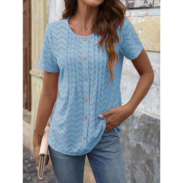 Women's Summer Pleated Button Short Sleeve T-Shirt Summer Crew Neck Solid Color Casual Top - Image 5