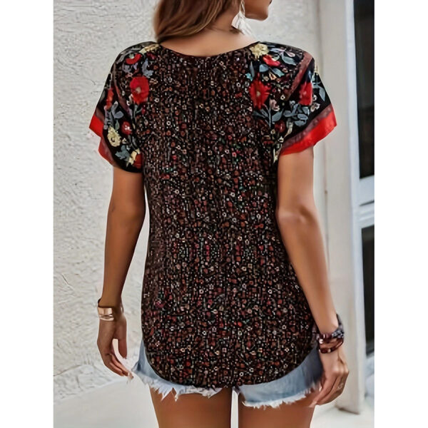Women's Casual Short Sleeve Shirts Summer Boho Printed V Neck Drawstring Tunic Blouses - Image 9