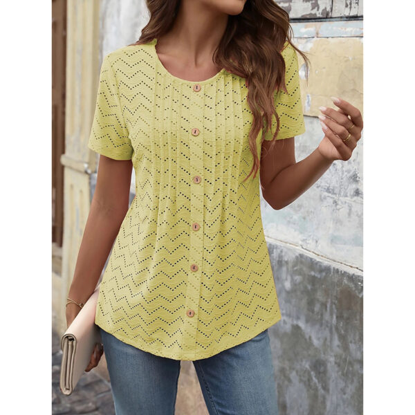 Women's Summer Pleated Button Short Sleeve T-Shirt Summer Crew Neck Solid Color Casual Top - Image 2