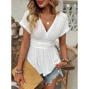 Womens Summer Tops Sexy Deep V Neck Eyelet Top Short Sleeve Casual T Shirts
