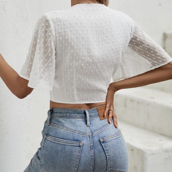 Women's V-neck Lace Up Casual Short Sleeved Lace  Solid Color T-shirt - Image 2