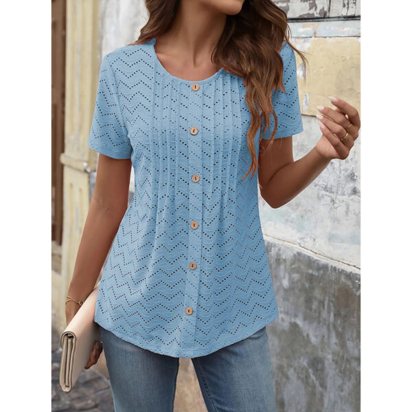 Women's Summer Pleated Button Short Sleeve T-Shirt Summer Crew Neck Solid Color Casual Top - Image 6